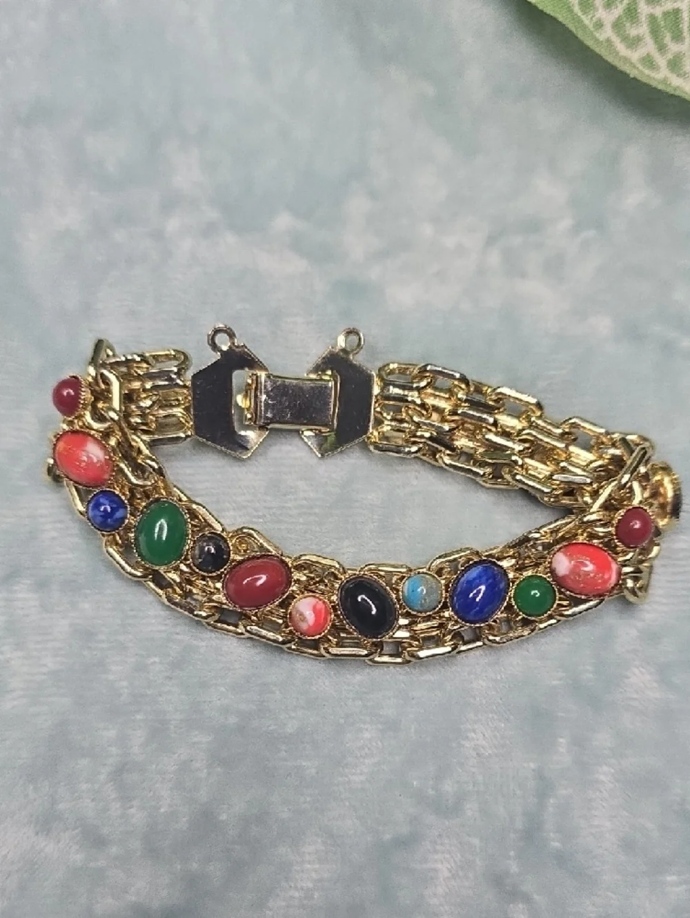 Gold Multicolor Cabochon Link Bracelet - Women Jewelry - Picture 5 of 7